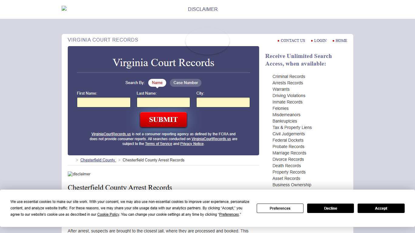 Chesterfield County Arrest Records VirginiaCourtRecords.us